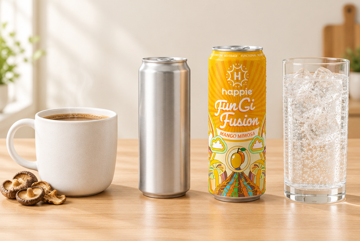 Mushroom coffee, a mushroom energy drink and a caffeine-free Fungi Fusion can compared