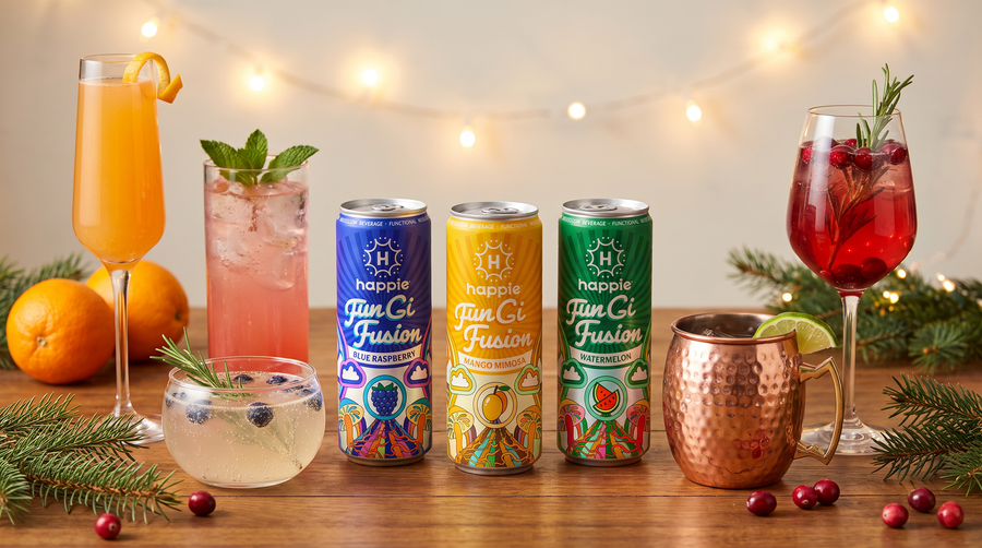 Five holiday mushroom mocktails with Happie Fungi Fusion Blue Raspberry, Mango Mimosa and Watermelon cans