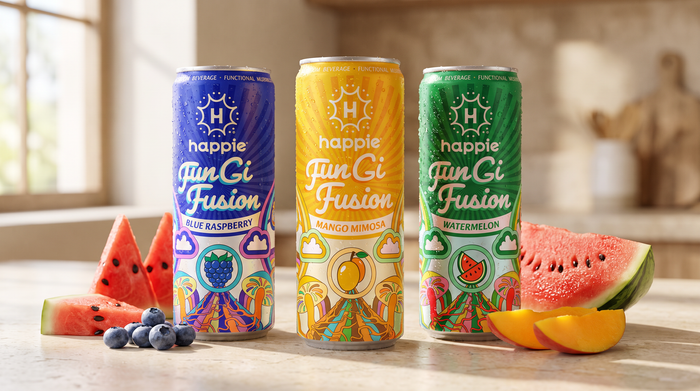 Happie Fungi Fusion Blue Raspberry, Mango Mimosa and Watermelon cans with fresh fruit