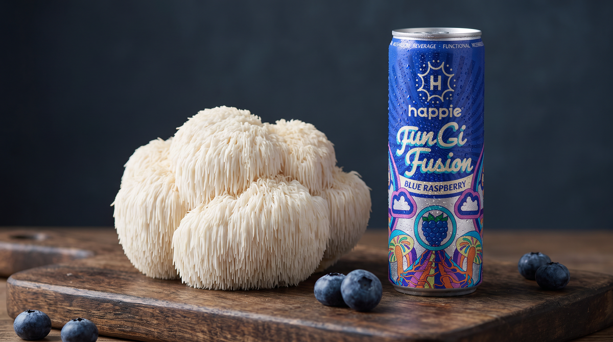 Fresh lion's mane mushroom beside a Happie Fungi Fusion Blue Raspberry can
