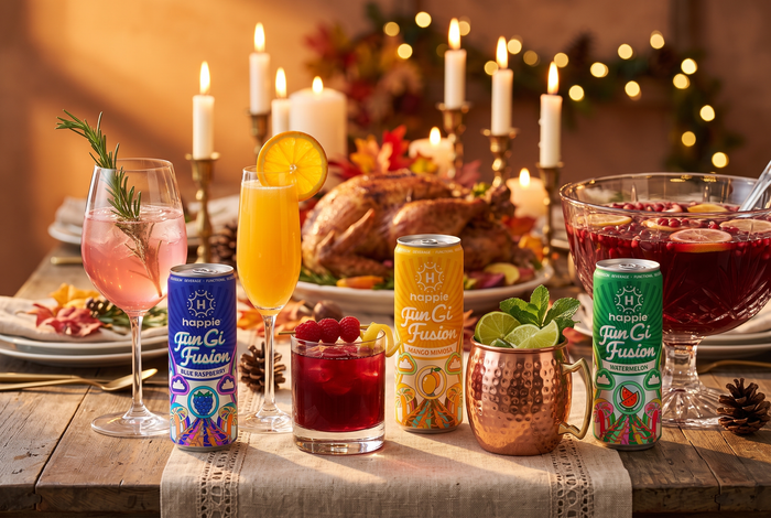 Five holiday mushroom mocktails on a Thanksgiving table with Happie Fungi Fusion Blue Raspberry, Mango Mimosa and Watermelon cans
