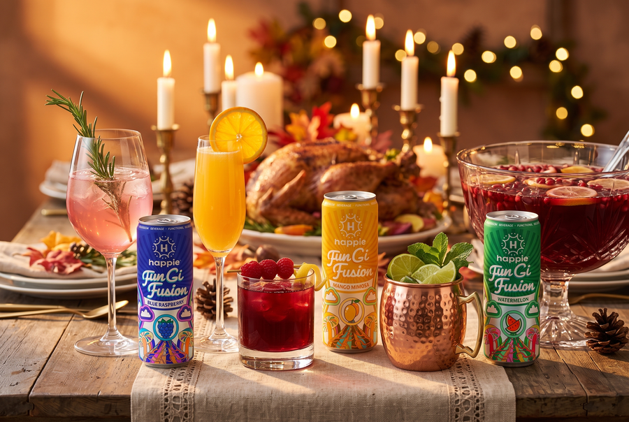 Five holiday mushroom mocktails on a Thanksgiving table with Happie Fungi Fusion Blue Raspberry, Mango Mimosa and Watermelon cans