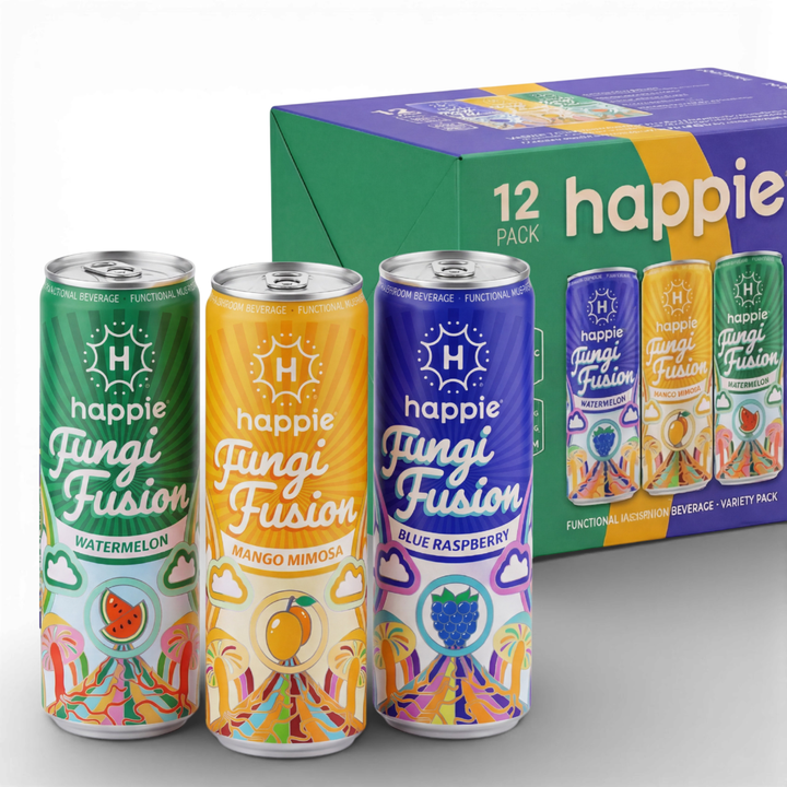 Happie Fungi Fusion Variety Pack hero shot — Blue Raspberry, Mango Mimosa, and Watermelon functional mushroom seltzer cans
