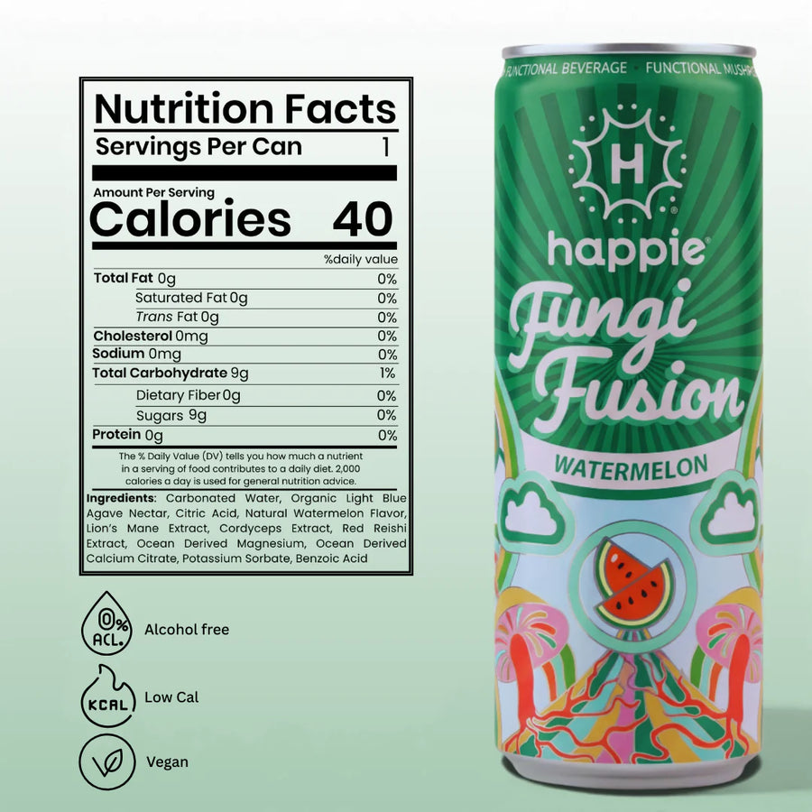 Watermelon mushroom seltzer can — 6-pack of caffeine-free functional adaptogen drinks for focus and energy