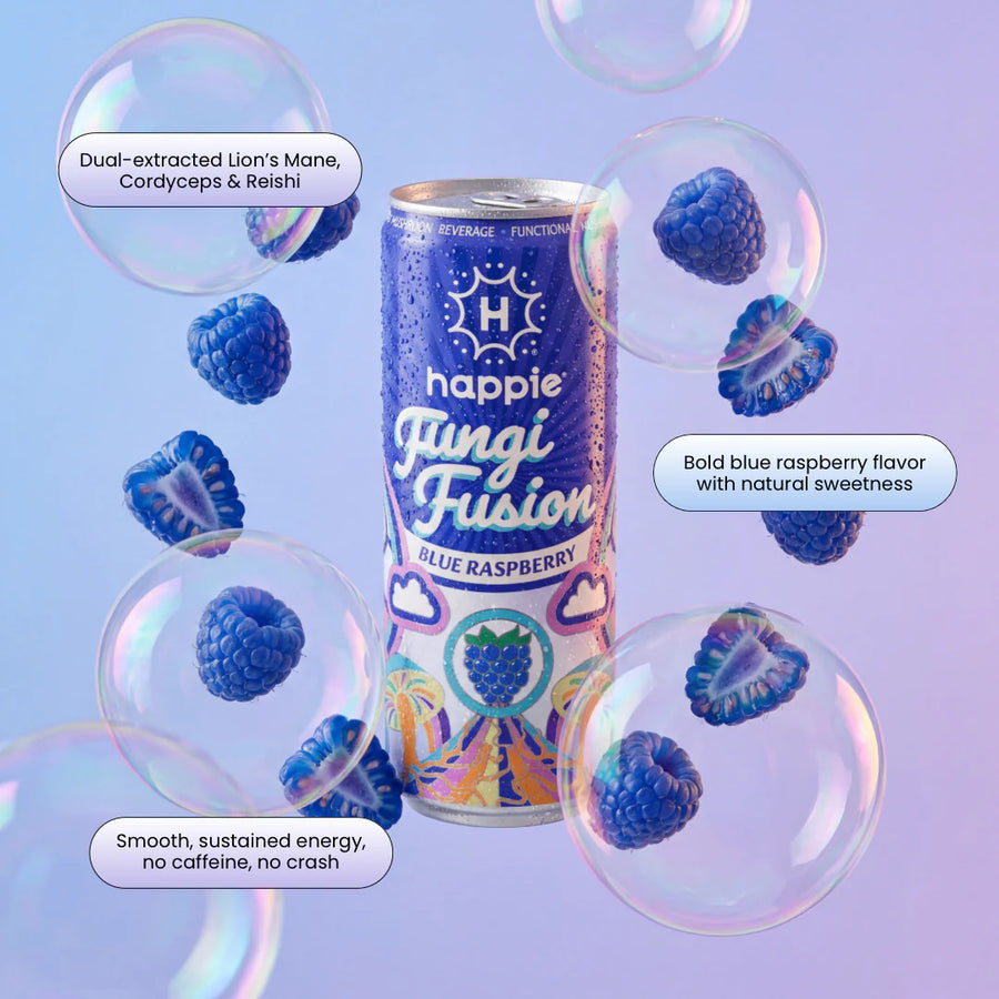 Blue Razzberry can ingredient breakdown — 900mg Lion's Mane for focus, 700mg Cordyceps for energy, 400mg Reishi for calm