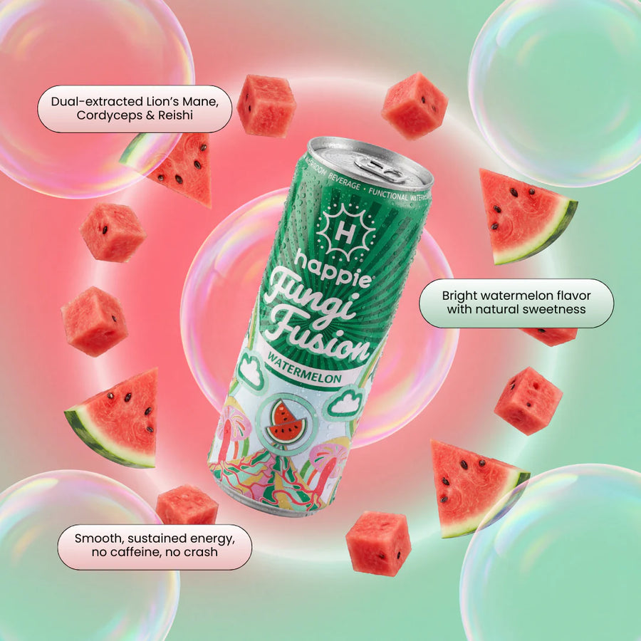 Watermelon can ingredient breakdown — 900mg Lion's Mane for focus, 700mg Cordyceps for energy, 400mg Reishi for calm
