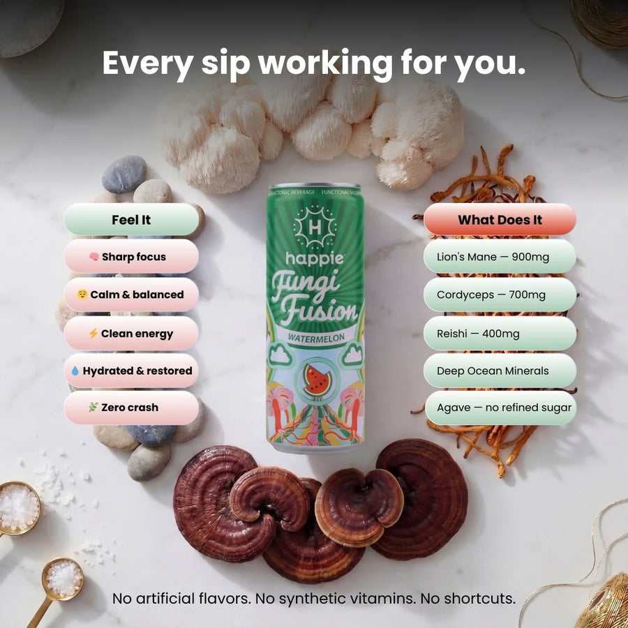 Watermelon Fungi Fusion nutrition facts — 40 calories per can, zero caffeine, zero alcohol, vegan, non-GMO