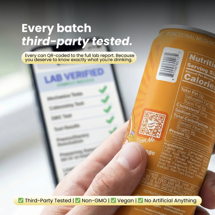 Happie Fungi Fusion lifestyle — three refreshing mushroom seltzer flavors, third-party lab tested with COA per batch