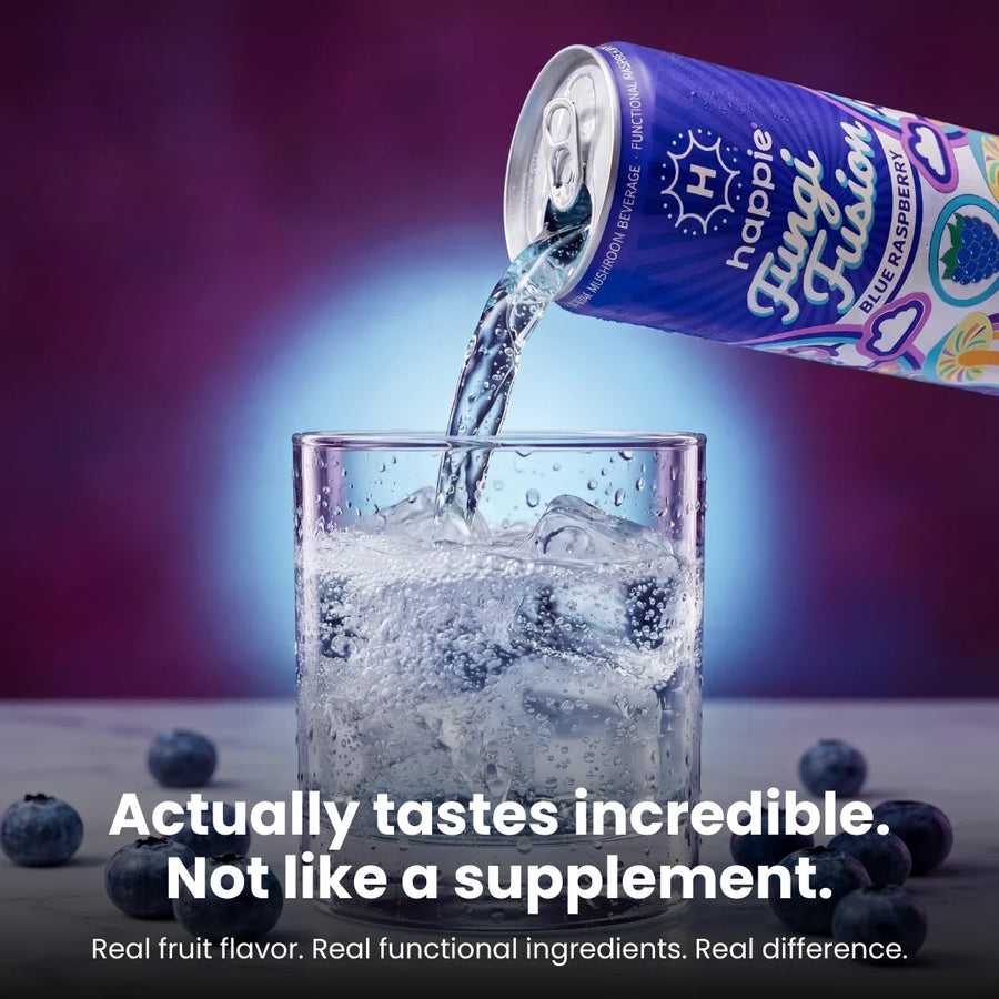 Blue Razzberry 6-pack lifestyle shot — refreshing functional mushroom seltzer for the sober-curious crowd