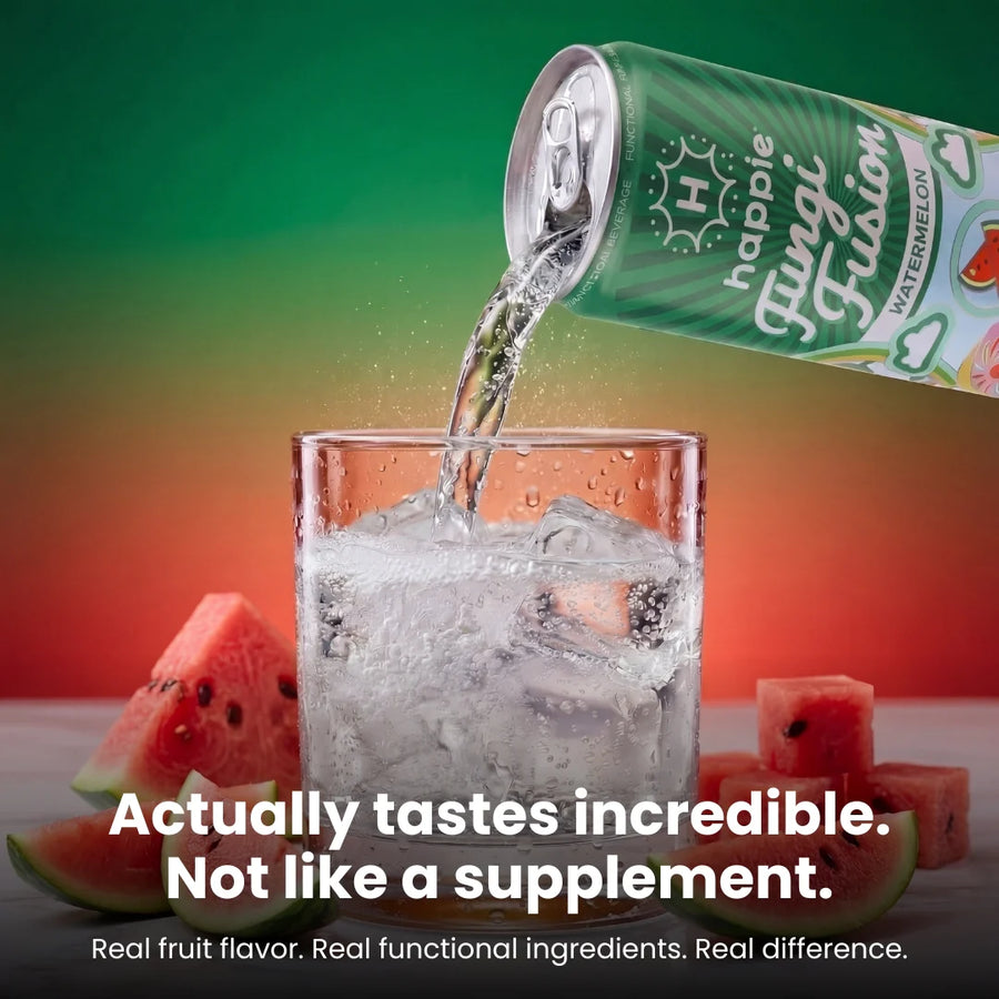 Watermelon 6-pack lifestyle shot — refreshing summer functional mushroom seltzer for the sober-curious crowd