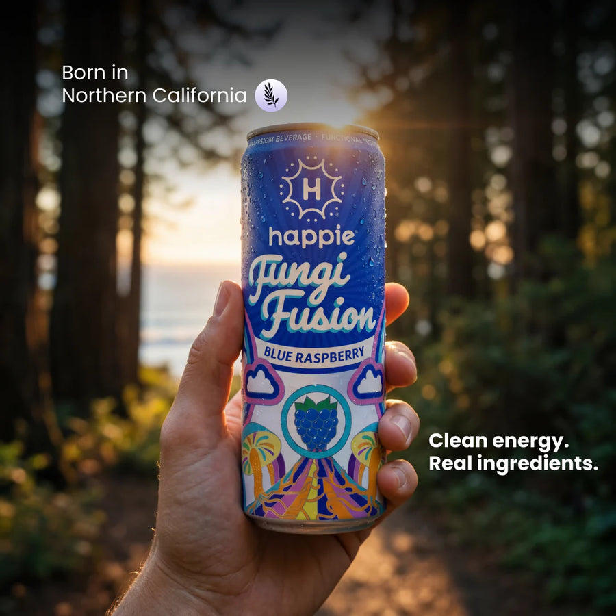 Blue Razzberry Mushroom Seltzer hero shot — bold blue raspberry flavor with adaptogenic mushrooms