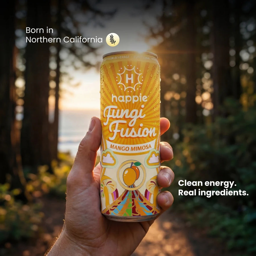 Mango Mimosa Mushroom Seltzer hero shot — juicy tropical mango flavor with adaptogenic mushrooms