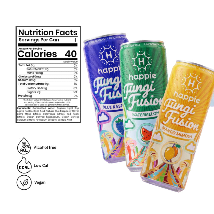 Happie Fungi Fusion Variety Pack — 4 cans each of Blue Raspberry, Mango Mimosa, and Watermelon mushroom seltzer flavors