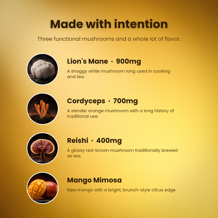 What's inside Mango Mimosa Fungi Fusion: Lion's Mane, Cordyceps and Reishi fruiting body extracts plus mango flavor
