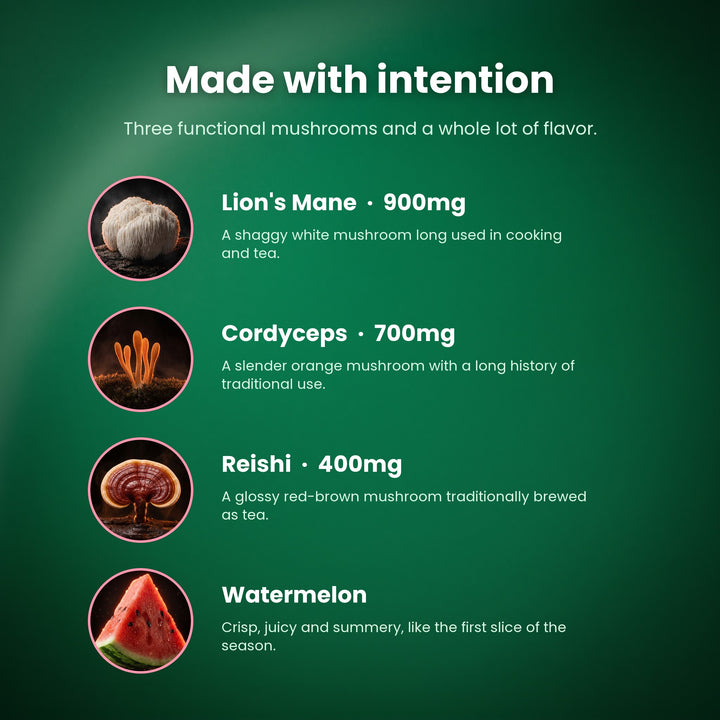 What's inside Watermelon Fungi Fusion: Lion's Mane, Cordyceps and Reishi fruiting body extracts plus watermelon flavor