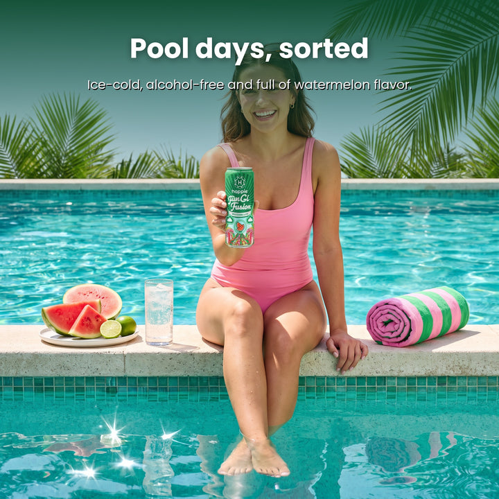 Woman sitting poolside holding a can of Happie Fungi Fusion Watermelon