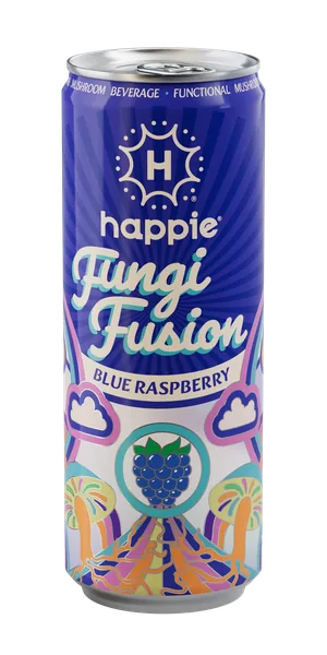Happie Fungi Fusion Blue Raspberry — interactive 3D can. Tap to spin, or view in AR.