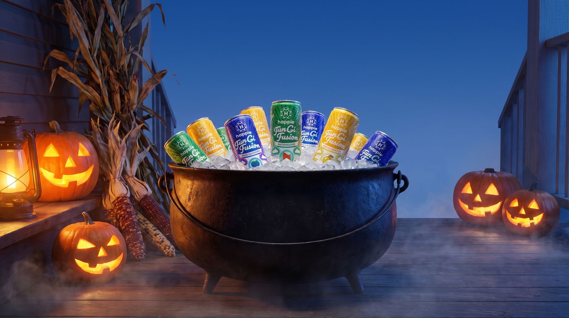 Cans of Happie Fungi Fusion on ice in a cauldron on a Halloween porch
